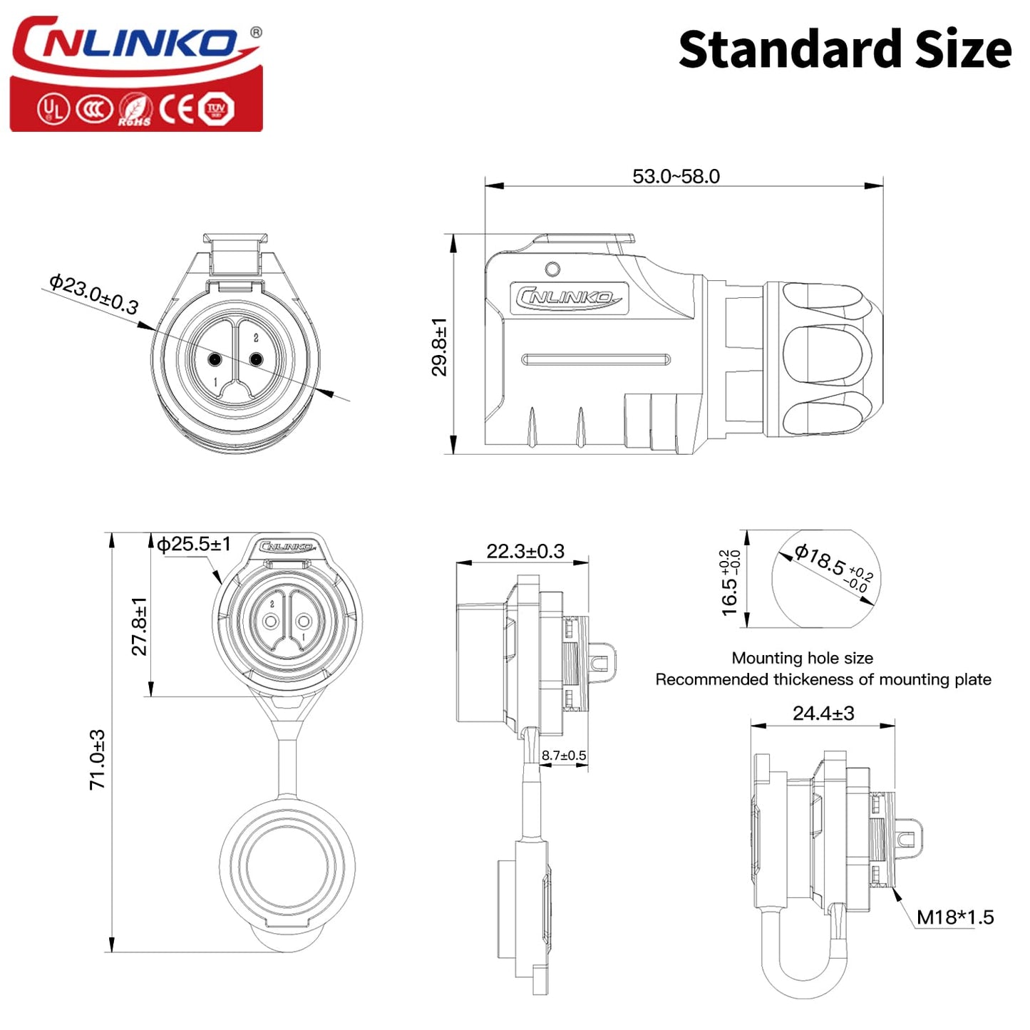 CNLINKO LP-16 IP68 Industrial Waterproof Connector Quick Plug Circular Connector PBT Plastic Shell Aviation Connector M16 2-9 Pin Flange Socket (2 Pin)