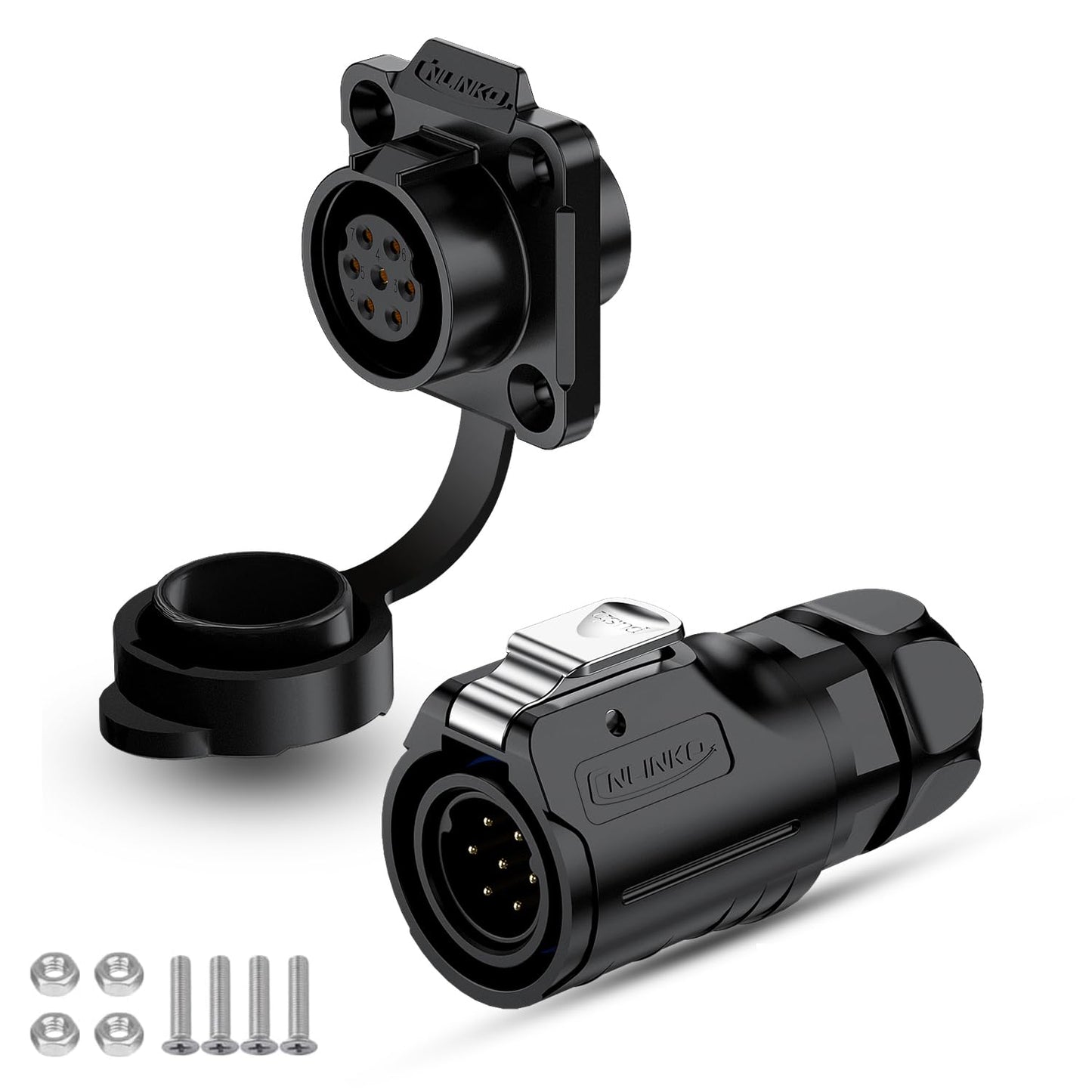 CNLINKO LP-16 IP68 Industrial Waterproof Connector Quick Plug Circular Connector PBT Plastic Shell Aviation Connector M16 2-9 Pin Flange Socket (2 Pin)