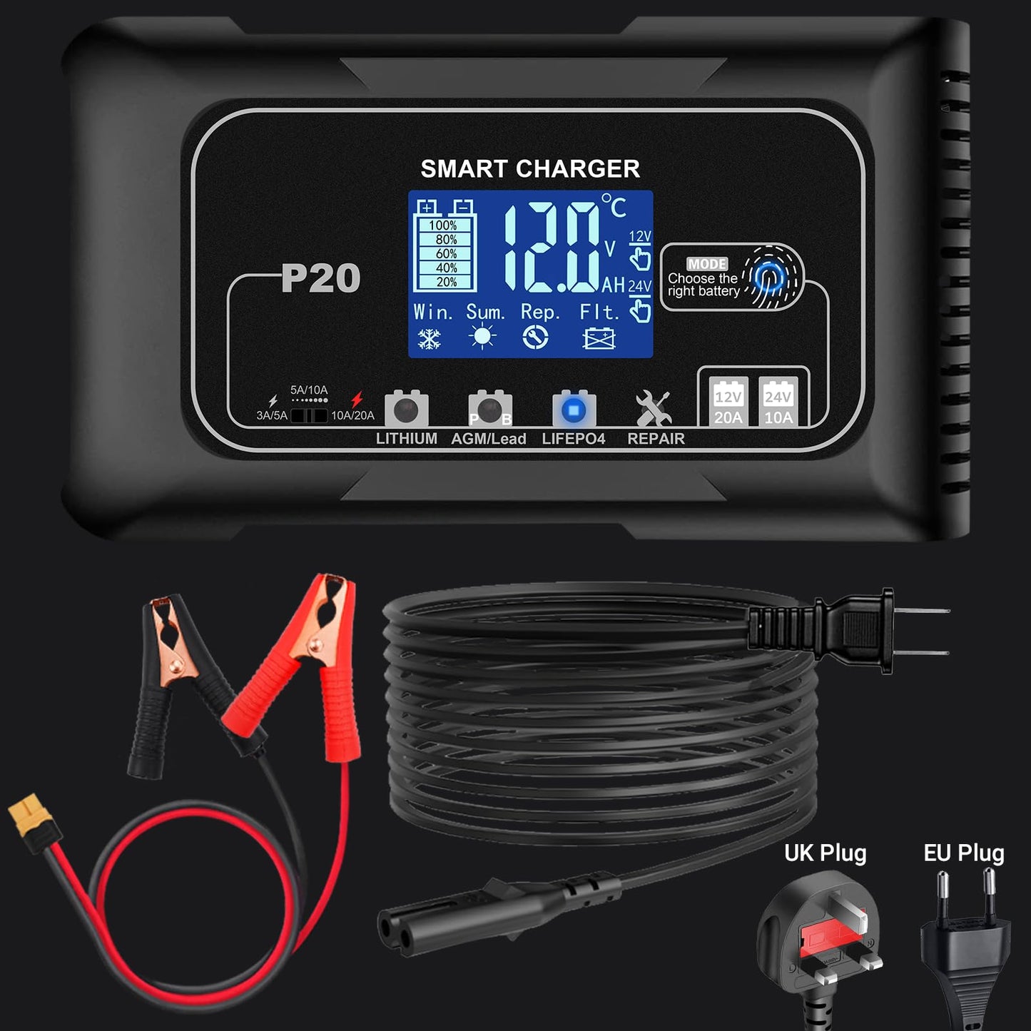LiFePo4 Smart Battery Charger, 20 AMP Battery Charger, 12V/24V Lead-Acid, Lithium,  Trickle Charger, Fully Automatic Chargers and Maintainer for Car, Motorcycle, Lawn Mower