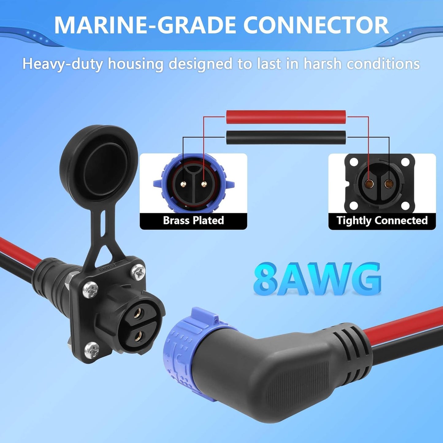 CERRXIAN Trolling Motor Plug Receptacle Set,90 Degrees 2 Pin 8AWG 50Amp Marine Boat DC Power Connector,Waterproof Trolling Motor Quick Connect,12V/24V/36V/48V Male&Female Trolling Motor Connector