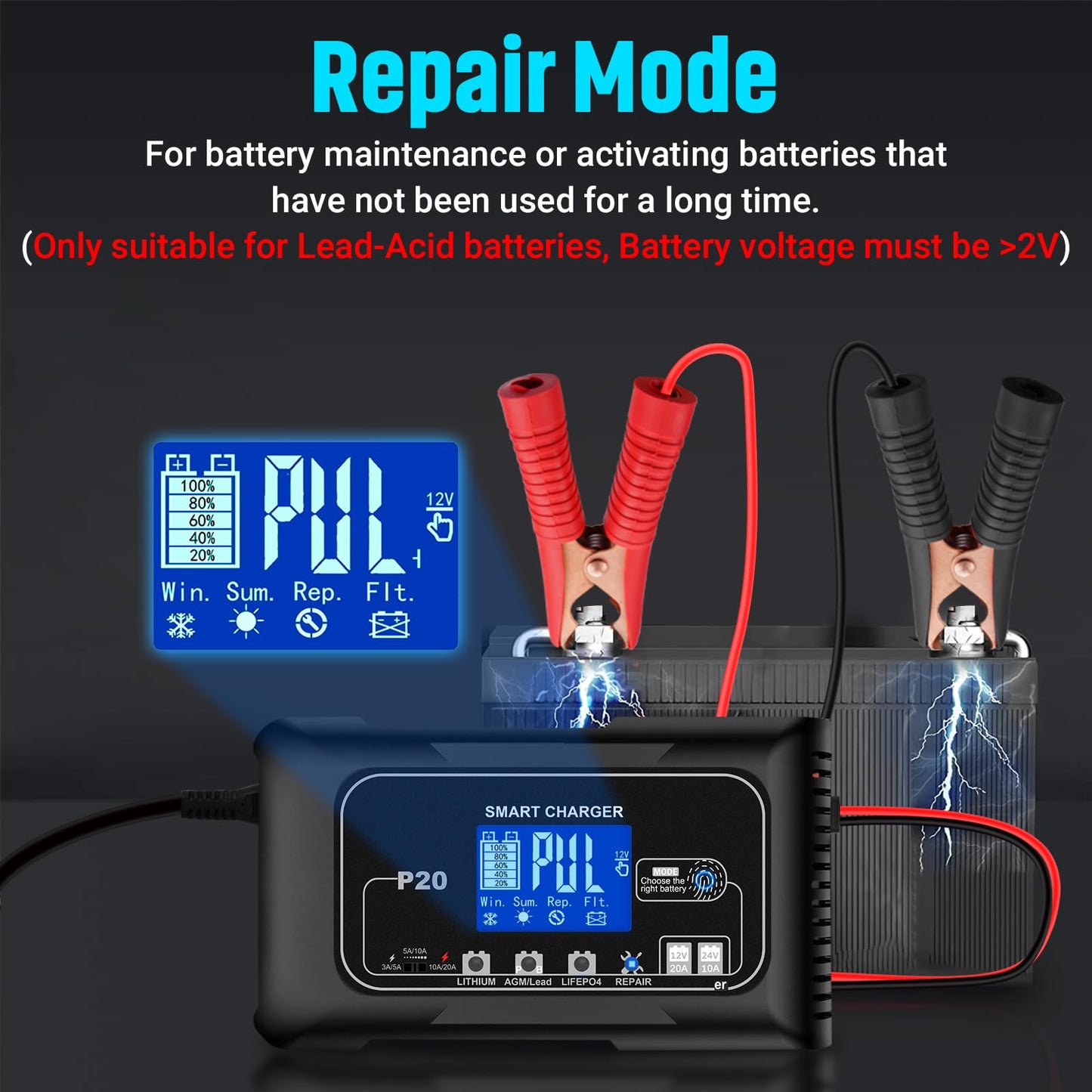 LiFePo4 Smart Battery Charger, 20 AMP Battery Charger, 12V/24V Lead-Acid, Lithium,  Trickle Charger, Fully Automatic Chargers and Maintainer for Car, Motorcycle, Lawn Mower