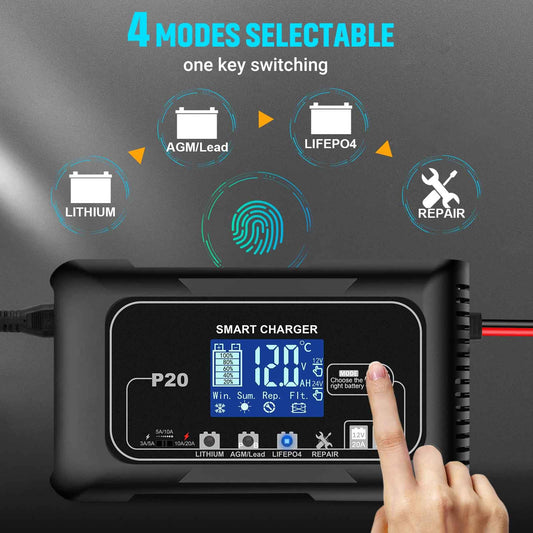 LiFePo4 Smart Battery Charger, 20 AMP Battery Charger, 12V/24V Lead-Acid, Lithium,  Trickle Charger, Fully Automatic Chargers and Maintainer for Car, Motorcycle, Lawn Mower
