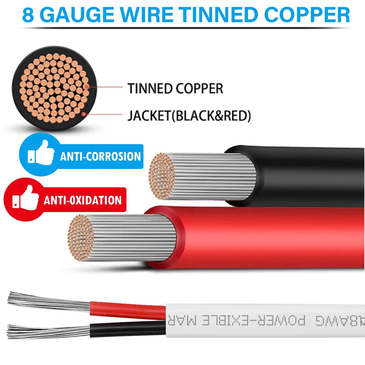 8 Gauge Marine Wire,10ft 8 AWG Duplex Marine Grade Wire,Tinned Copper Boat Cable,Marine Electrical Cable for Automotive Boat Speakers Solar Outdoors