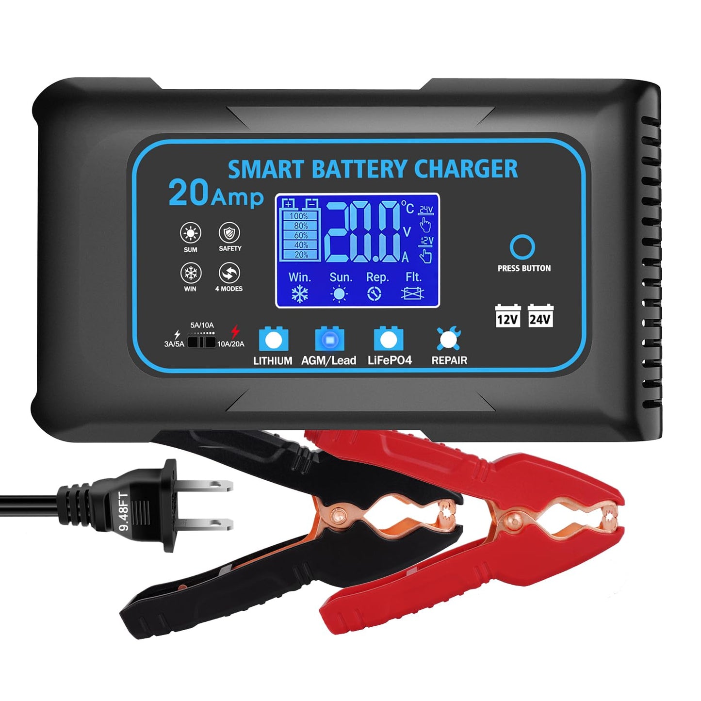 LiFePo4 Smart Battery Charger, 20 AMP Battery Charger, 12V/24V Lead-Acid, Lithium,  Trickle Charger, Fully Automatic Chargers and Maintainer for Car, Motorcycle, Lawn Mower