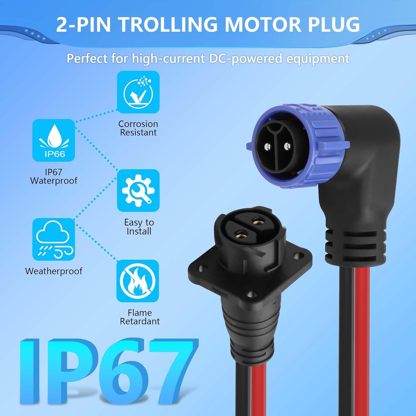 CERRXIAN Trolling Motor Plug Receptacle Set,90 Degrees 2 Pin 8AWG 50Amp Marine Boat DC Power Connector,Waterproof Trolling Motor Quick Connect,12V/24V/36V/48V Male&Female Trolling Motor Connector