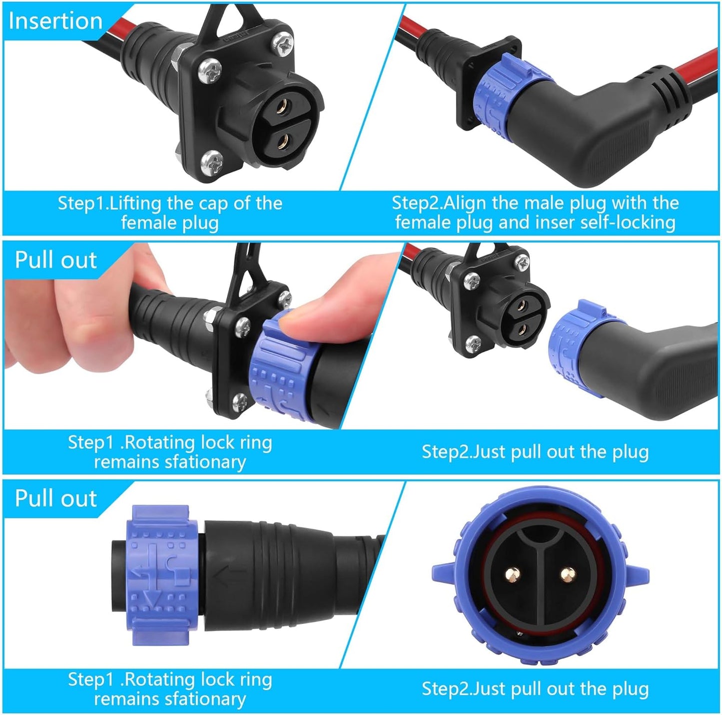 CERRXIAN Trolling Motor Plug Receptacle Set,90 Degrees 2 Pin 8AWG 50Amp Marine Boat DC Power Connector,Waterproof Trolling Motor Quick Connect,12V/24V/36V/48V Male&Female Trolling Motor Connector