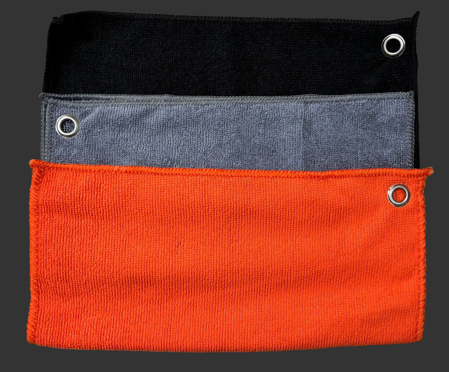 Three-colored microfiber towels with black, gray, and orange.