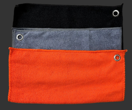 Three-colored microfiber towels with black, gray, and orange.